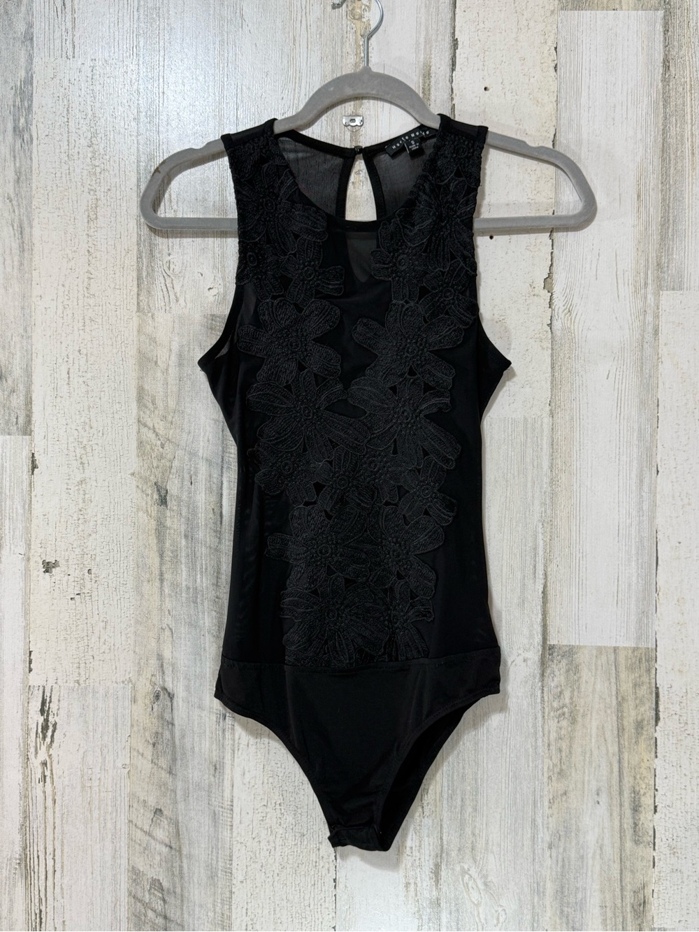 Sexy Sheer Black Floral Appliqué Sleeveless Bodysuit